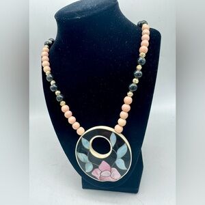 Vintage Lee Sands Floral Pendant Mother of Pearl Necklace with Beaded 26”